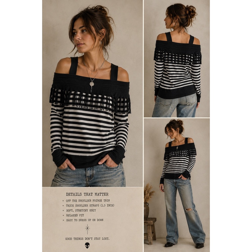 White House Black Market Striped Fringe Boat Neck Knit Top Black White Medium